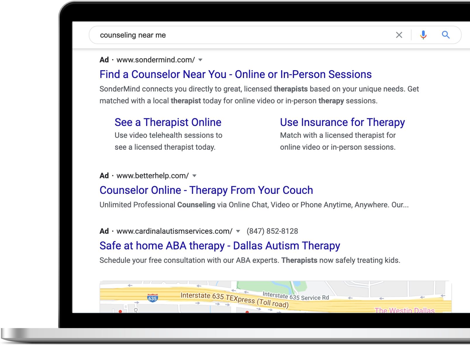 Example of Google search results | Google Ads for Therapists